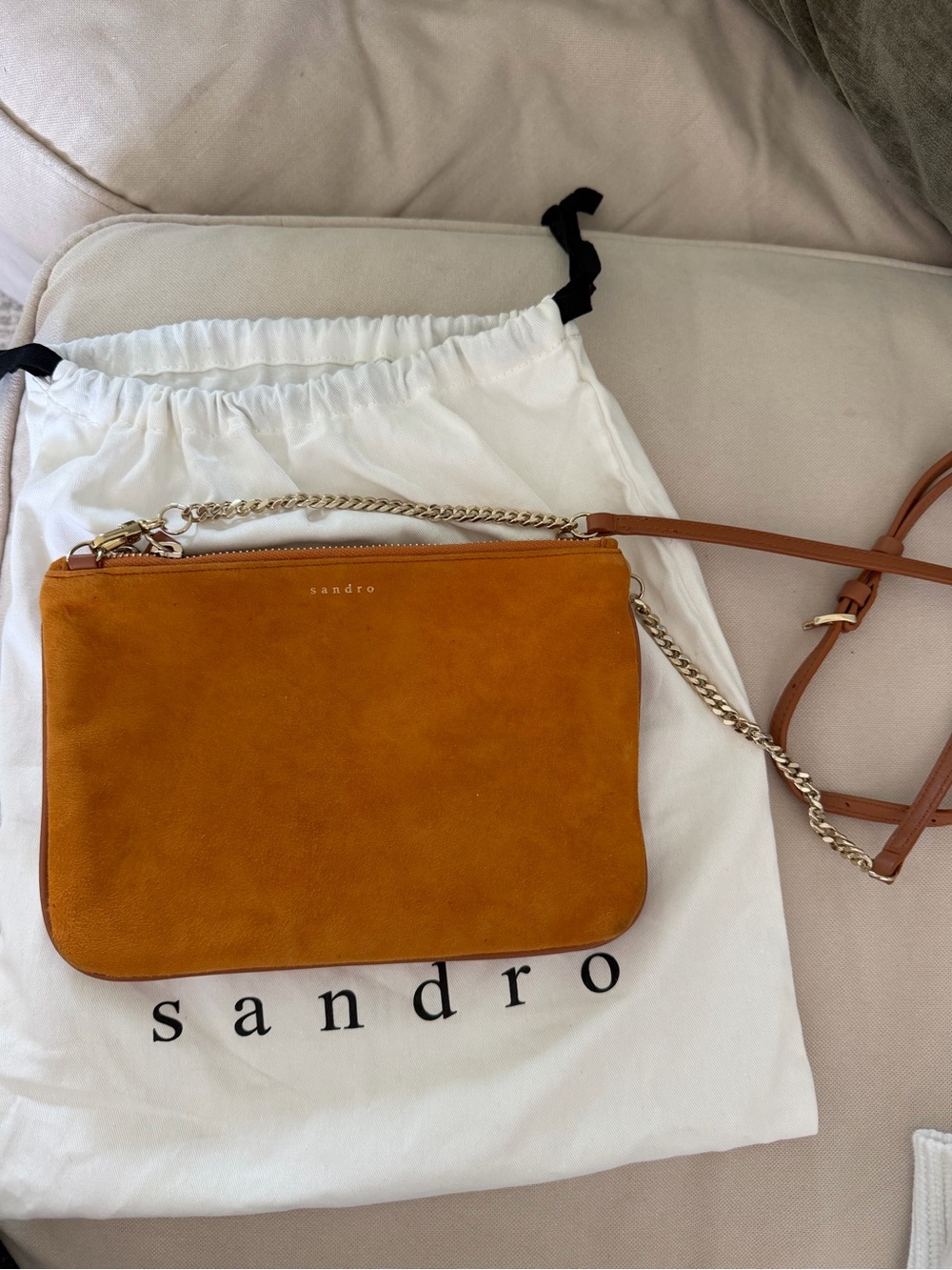 Sandro Suede Crossbody Bag in Cognac Brown with Gold Chain